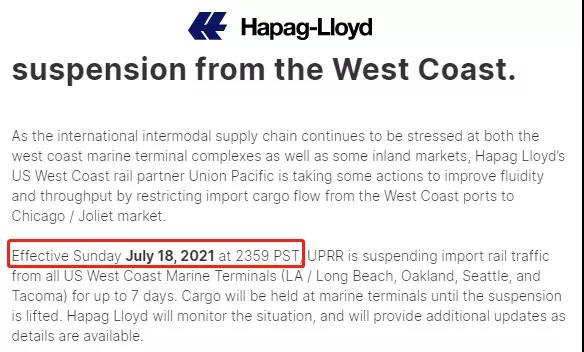 8月15日起，HPL征收美線5000$/箱增值附加費(fèi)！美西鐵路進(jìn)口轉(zhuǎn)運(yùn)暫停7天